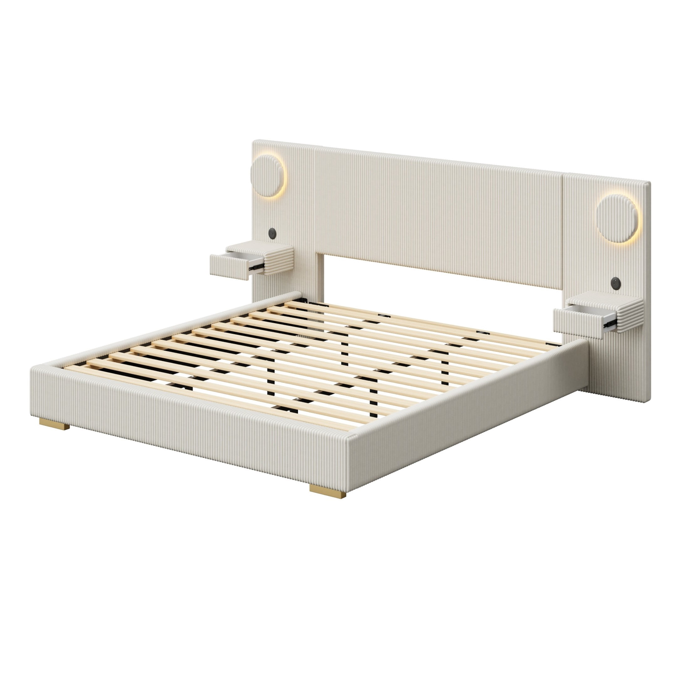 Noble House Dellas King Size Upholstered Platform Bed with LED Lights, Charging Ports & Side Storage Drawers, Beige