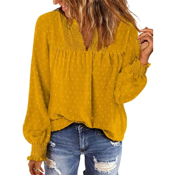 Kaemgyyd Boho Tops for Women V Neck Flowy Blouses Dressy Casual Lace Smocked Cuffs Shirts Long Sleeve Trendy Fashion Clothes