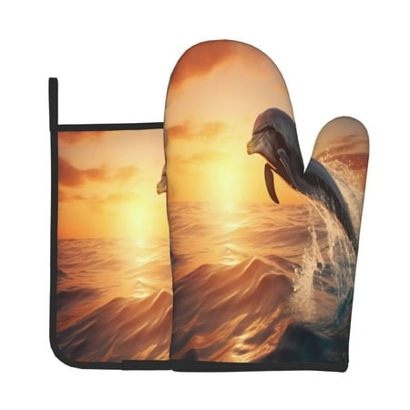 

Zeuib Sunset Dancing Dolphin A Print Oven Mitt & Pot Holder Set 2-Pack Kitchen Gloves and Hot Pads for Cooking BBQ Grilling Baking