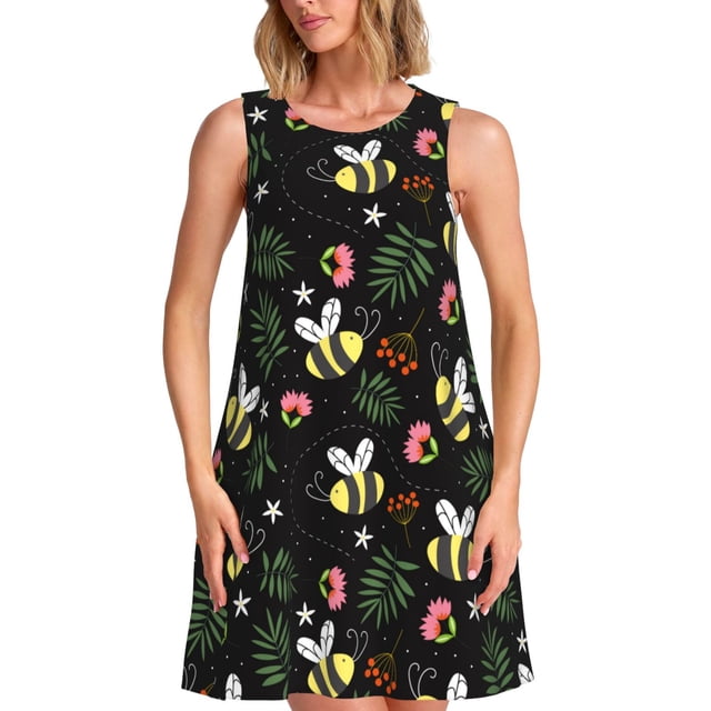 Vsdgher Robes d'Été Imprimé Abeilles pour Femmes Robe de Plage Décontractée Col en U Sans Manches Robe d'Été Ample avec Poche
