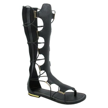 

Yoki Women s Anya-50 Knee-High Gladiator Thong Sandals Black 9