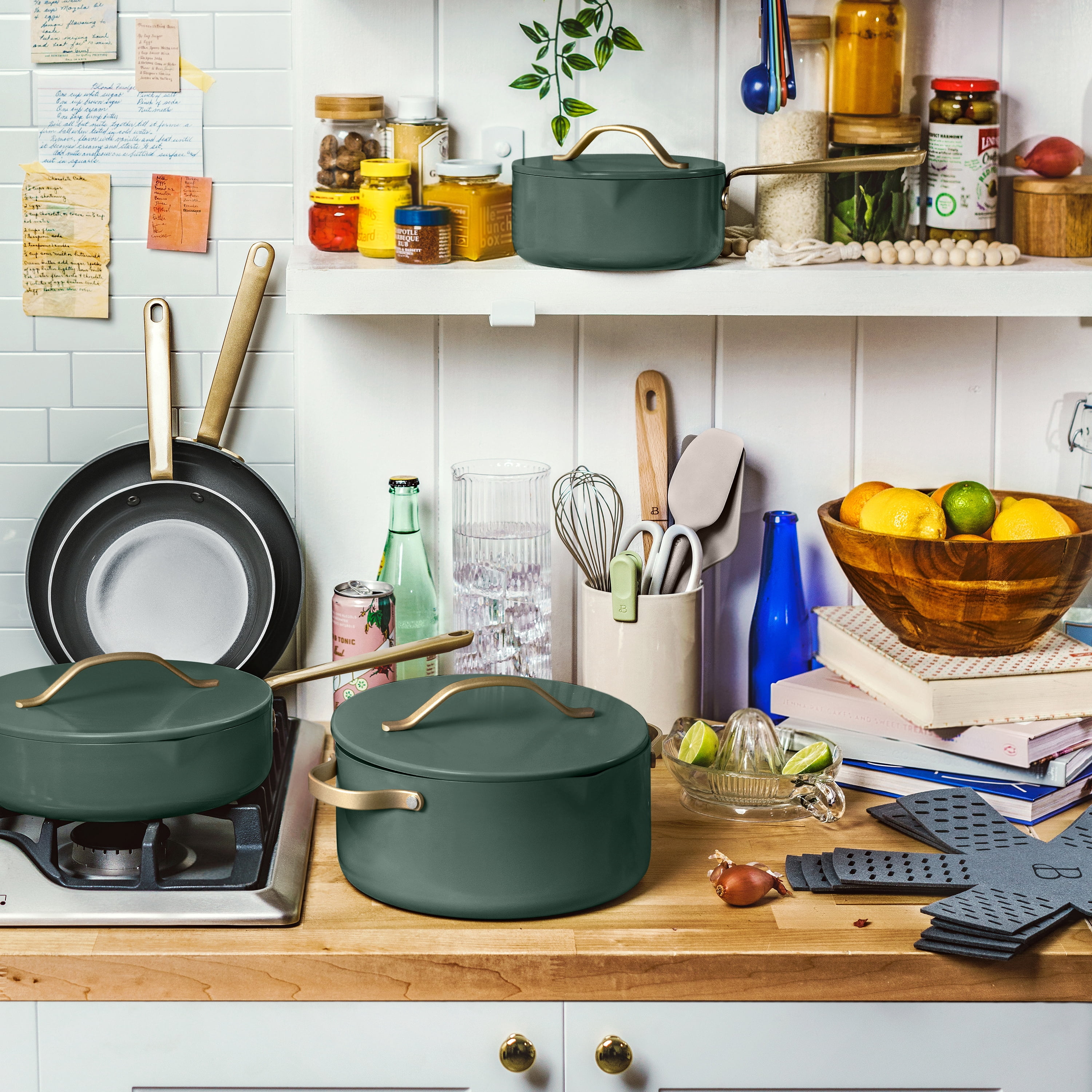 Beautiful by Drew Barrymore 12-Piece Cookware Set with Strainer Lids and EverGood Ceramic Nonstick Coating, Thyme Green