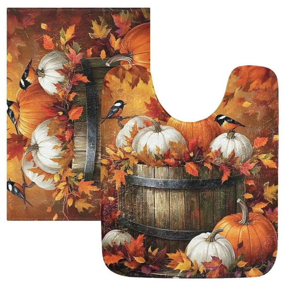 Ryvnso Birds Autumn Leaves Pumpkins Bathroom Shaggy Rugs Toilet Mat Soft Contour Rug