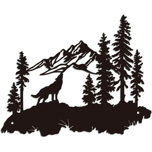 Metal Wolves Wall Art Decor Black Iron Natural Scenery Wall Silhouette Sculpture Decor Wildlife Forests and Mountains Metal Wall Hanging Decor for Living Room Garden Bedroom 11.8x9.5 Inch Black