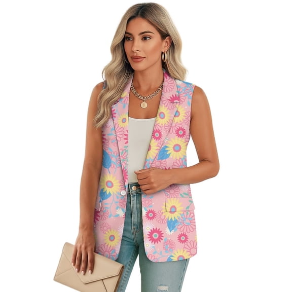 Uorisanigo Hippie Flower Women's Jacket Vest Sleeveless Size S Lightweight Women's Suit Vest with Pockets Open Front Blazer Vests Dressy