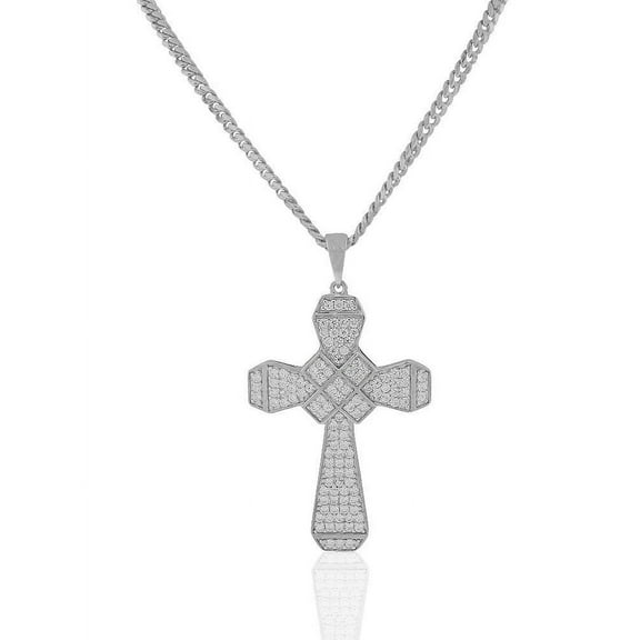 925 Sterling Silver Clear CZ Large Hip-Hop Statement Cross Pendant Necklace, 30"
