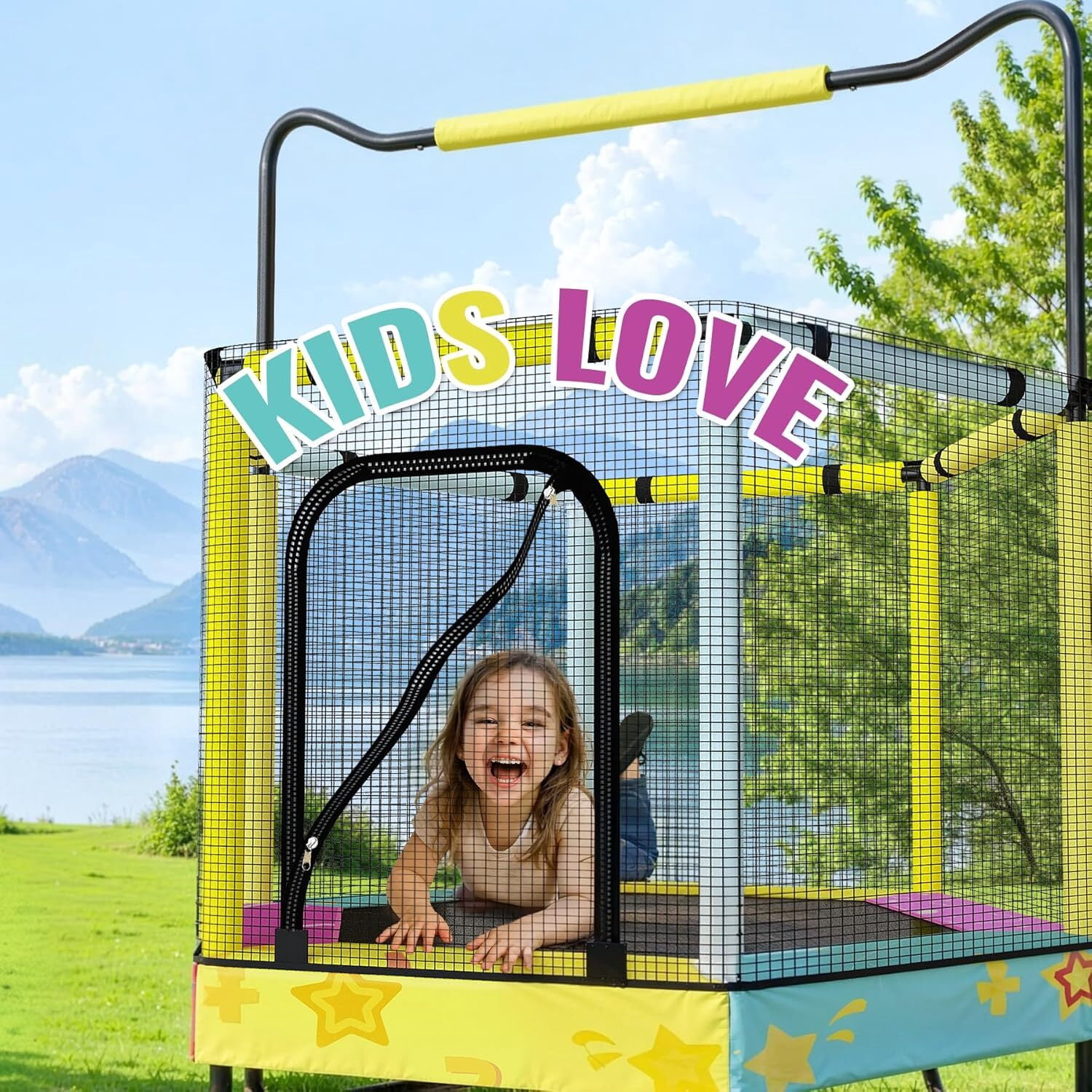 MOOSENG 7-in-1 Kids Trampoline with Safety Enclosure Net, 60" Hexagonal Toddler Trampoline with 500lbs Capacity, Indoor Outdoor Fun for Ages 1-8, Adjustable Handrail