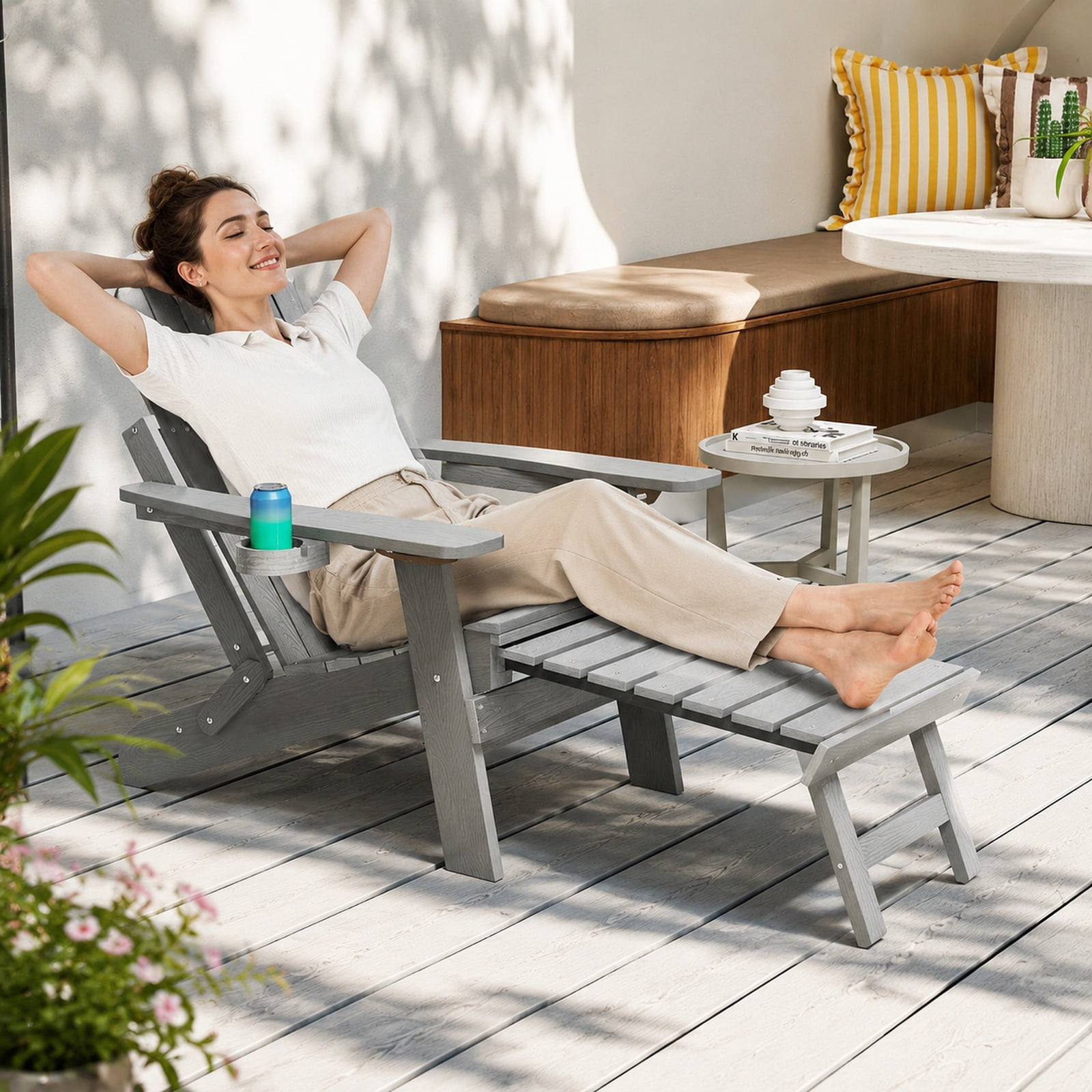 Furnibear All Weather HIPS Folding Adirondack Lounge Chair with 4 Position Backrest Retractable Footrest and Cup Holder for Patio Lawn Garden, Gray
