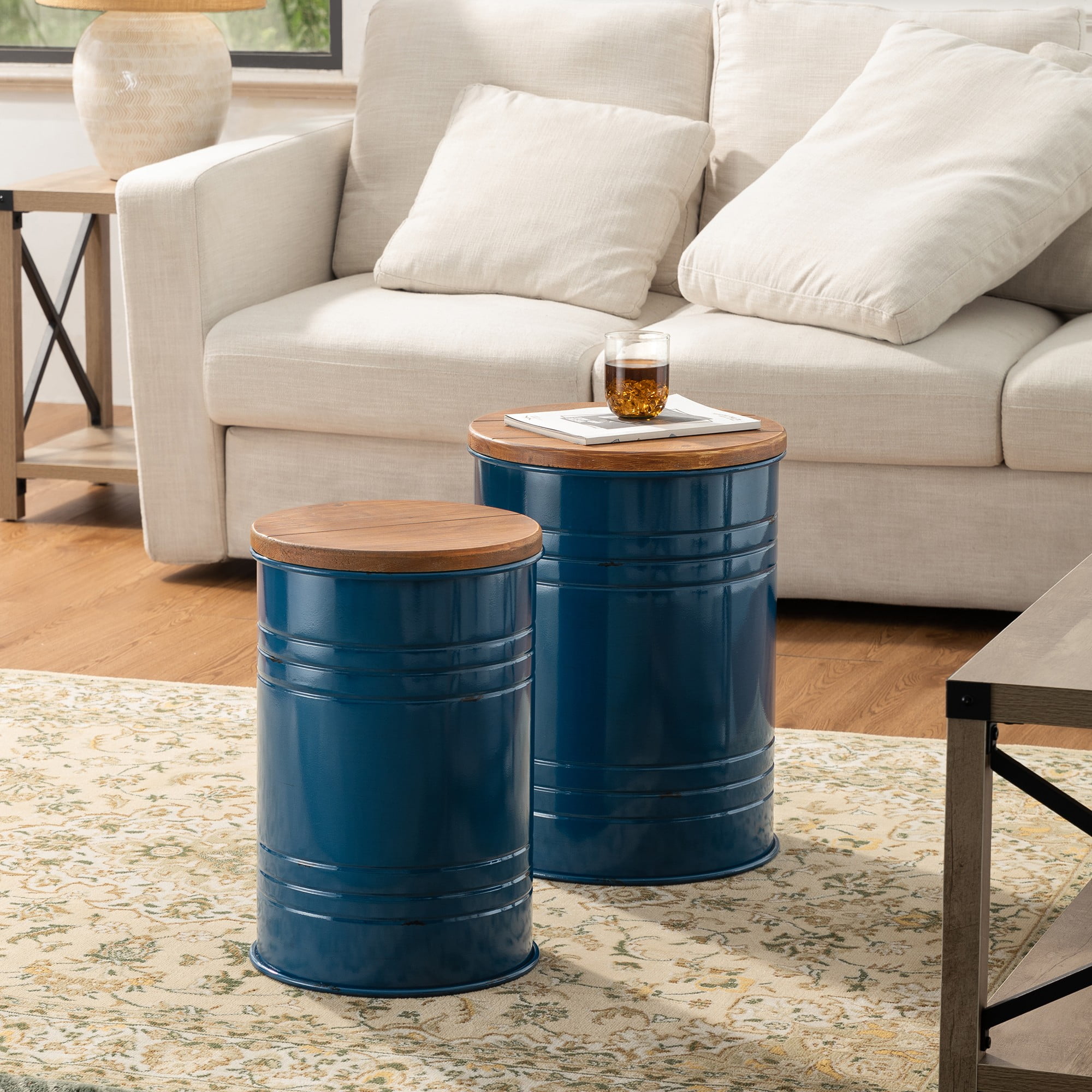 Glitzhome 2Pcs Rustic Storage Seat Stool Farmhouse End Table