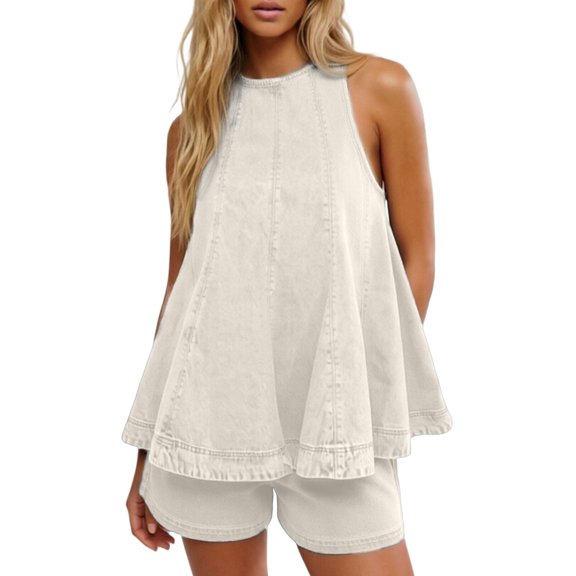 HAYIMI Womens Summer Outfits Sets 2 Pieces Sleeveless Tops With Casual Loose Denim Shorts Summer Travel Beach Solid Color Comfort Clothes Sets