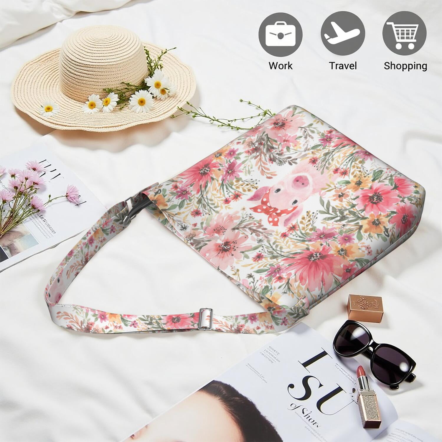 Romantic Watercolor Rose Crossbody | Large Capacity Shoulder Bag | Multi-Pocket Organization