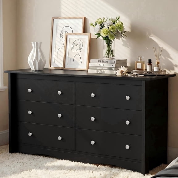 Homall 6 Drawer Dresser for Bedroom, 47'' Wide Wood Double Chest of Drawers with Metal Handles, Storage Cabinet Organizer for Living Room, Black