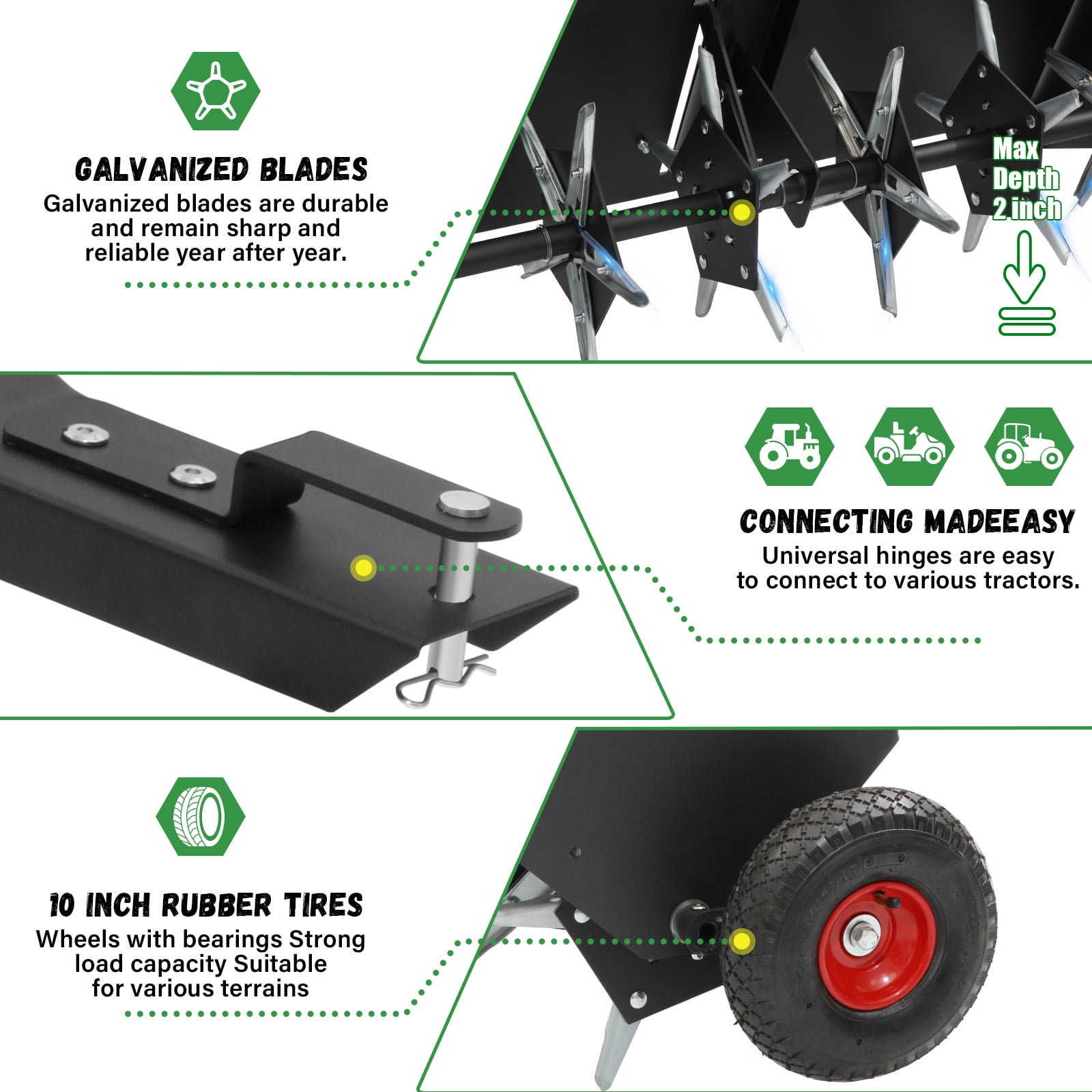 48-Inch Tow Behind Lawn Plug Aerator with Universal Hitch, Lawn Aerator Tow Behind with 30 Galvanised Steel Tines,Tray and Inflatable Wheels for Gardens, Lawns, Farms