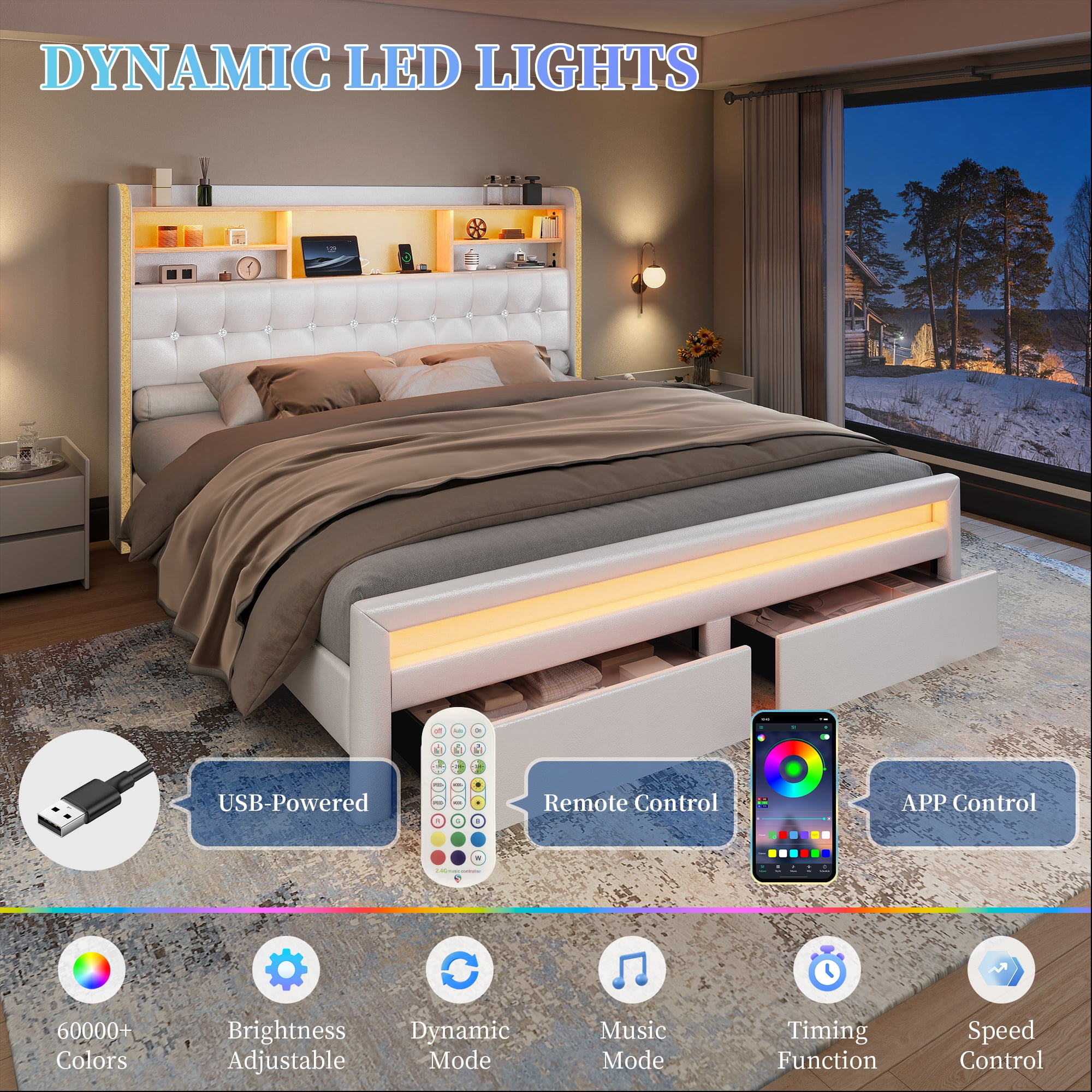 SIBEDS LED Bed Frame with 2 Storage Drawers and PU Upholstered White Wingback Headboard, Queen