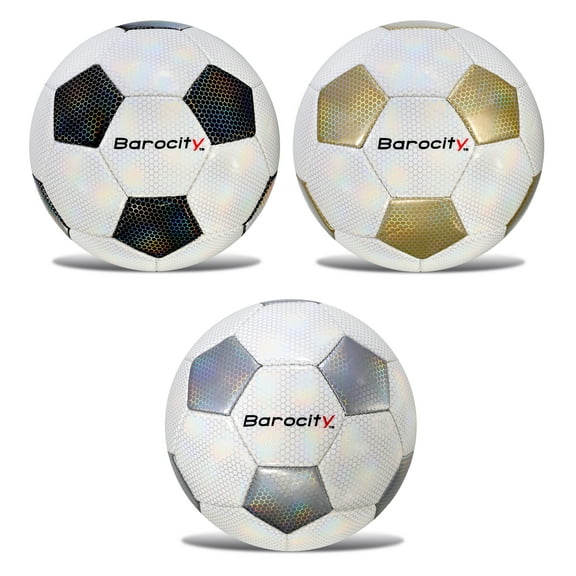 Barocity Classic Pattern Soccer Balls Set of 3 - Classic Black, Gold, Silver Official Match Ball with Reflective Hex Pattern, Sport Soccer Balls for Indoor and Outdoor Training and Practice - Size 4