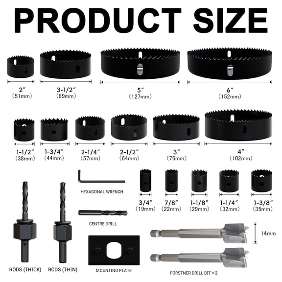 22PCS Hole Saw Set - High Carbon Steel 19-152mm（3/4" to 6"） Blades for Drywall, Soft Wood, Plastic, PVC Professional Grade with Instant Support$$Tools & Hardware Other