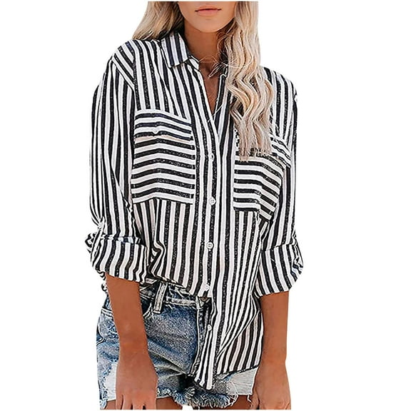 Blue Striped Shirt Women Loose Flowy Button Down Blouse Shirt Long Sleeve V Neck Tee Shirts with Pockets