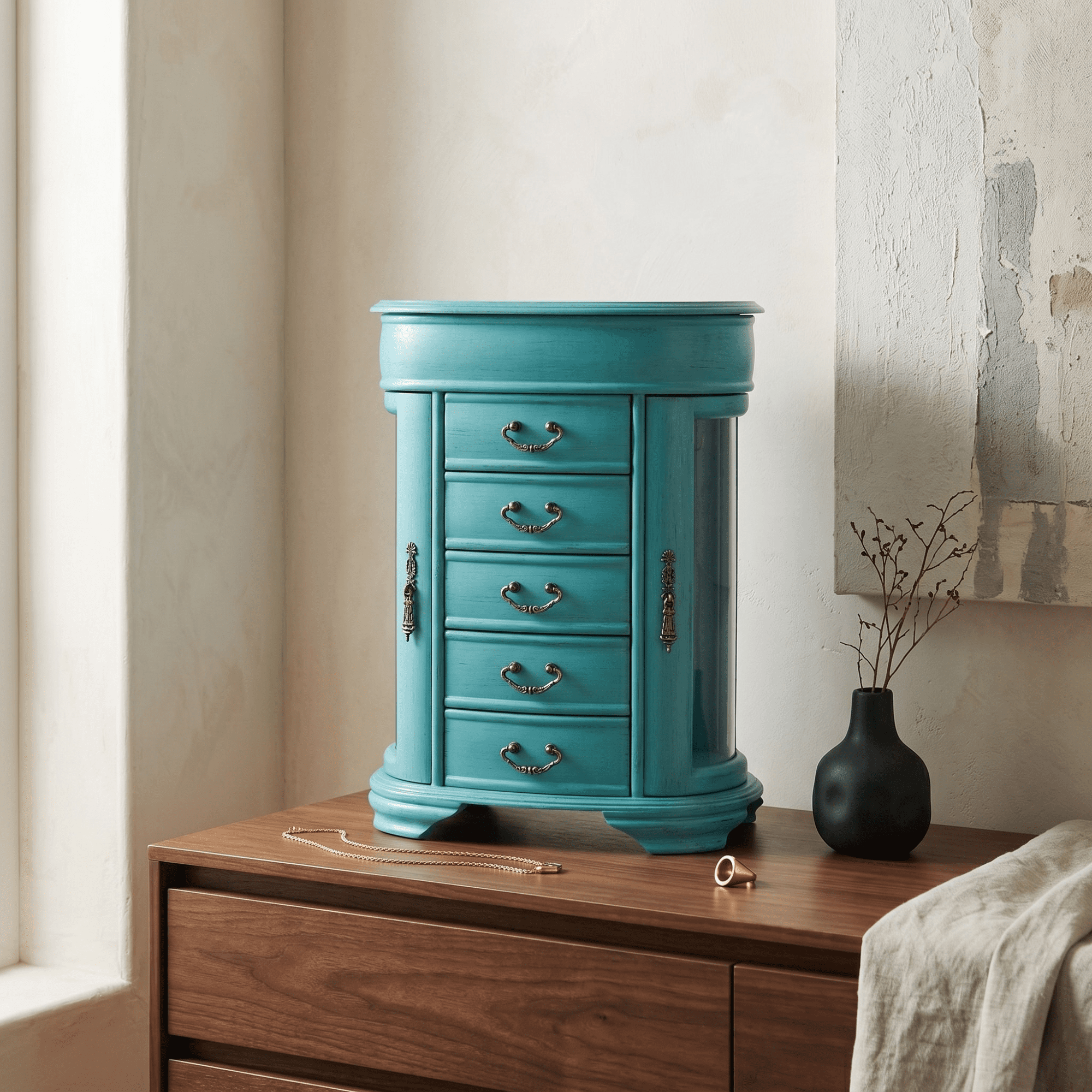 Hives and Honey Daphne Oval Wooden Jewelry Organizer Chest with Vanity Mirror and Glass Doors for Women in Antiqued Turquoise Finish