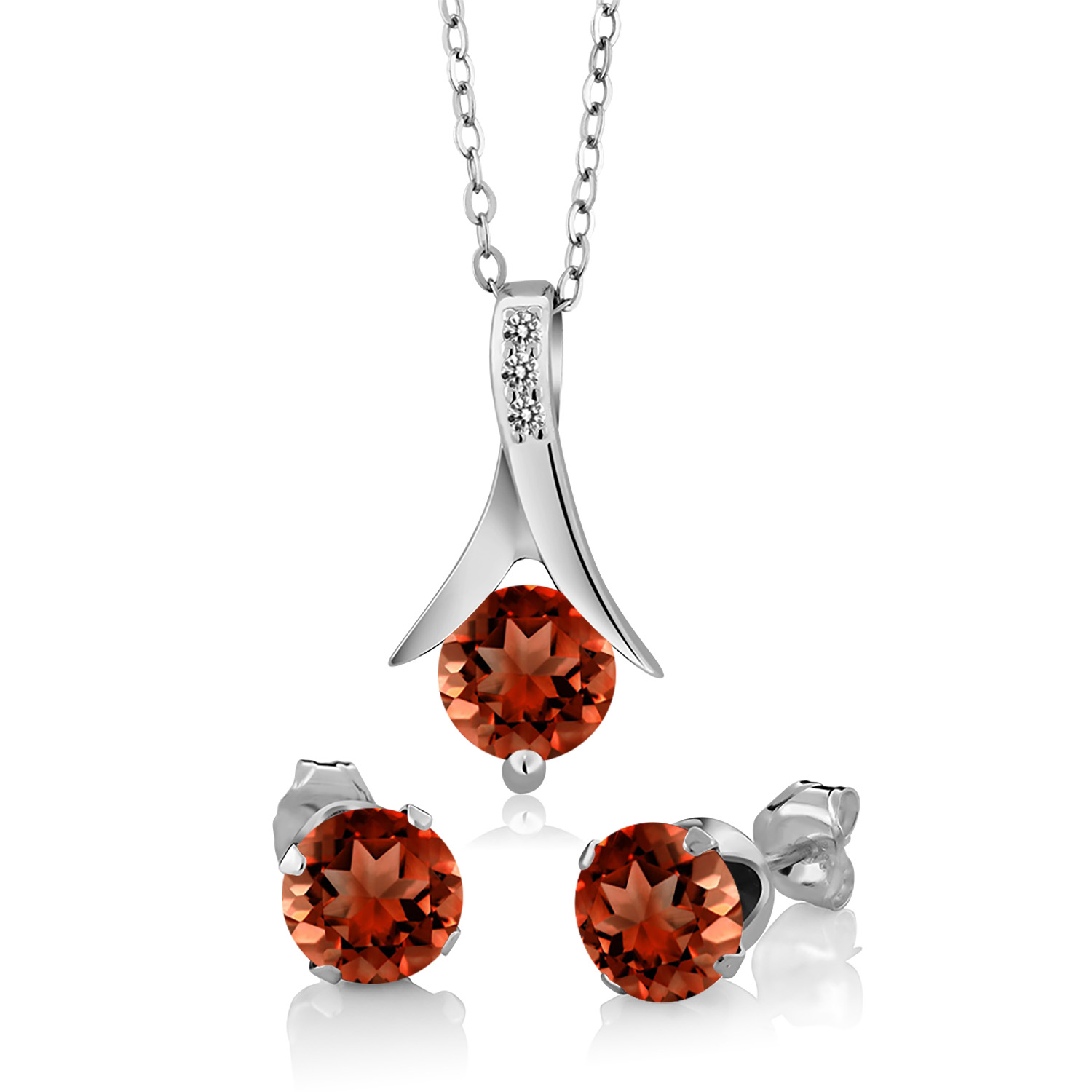 Gem Stone King 3.05 Ct Round Red Garnet White Diamond 925 Sterling Silver Pendant and Earrings Jewelry Set