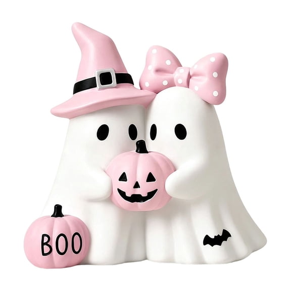Cute Ghost Couple Resin Tabletop Statue, Pink Witch‑Hat & Polka‑Dot‑Bow Ghost Figurine With Pumpkin BOO Sign, Whimsical Non‑Scary Indoor Halloween Mantel Shelf Home Party Decoration