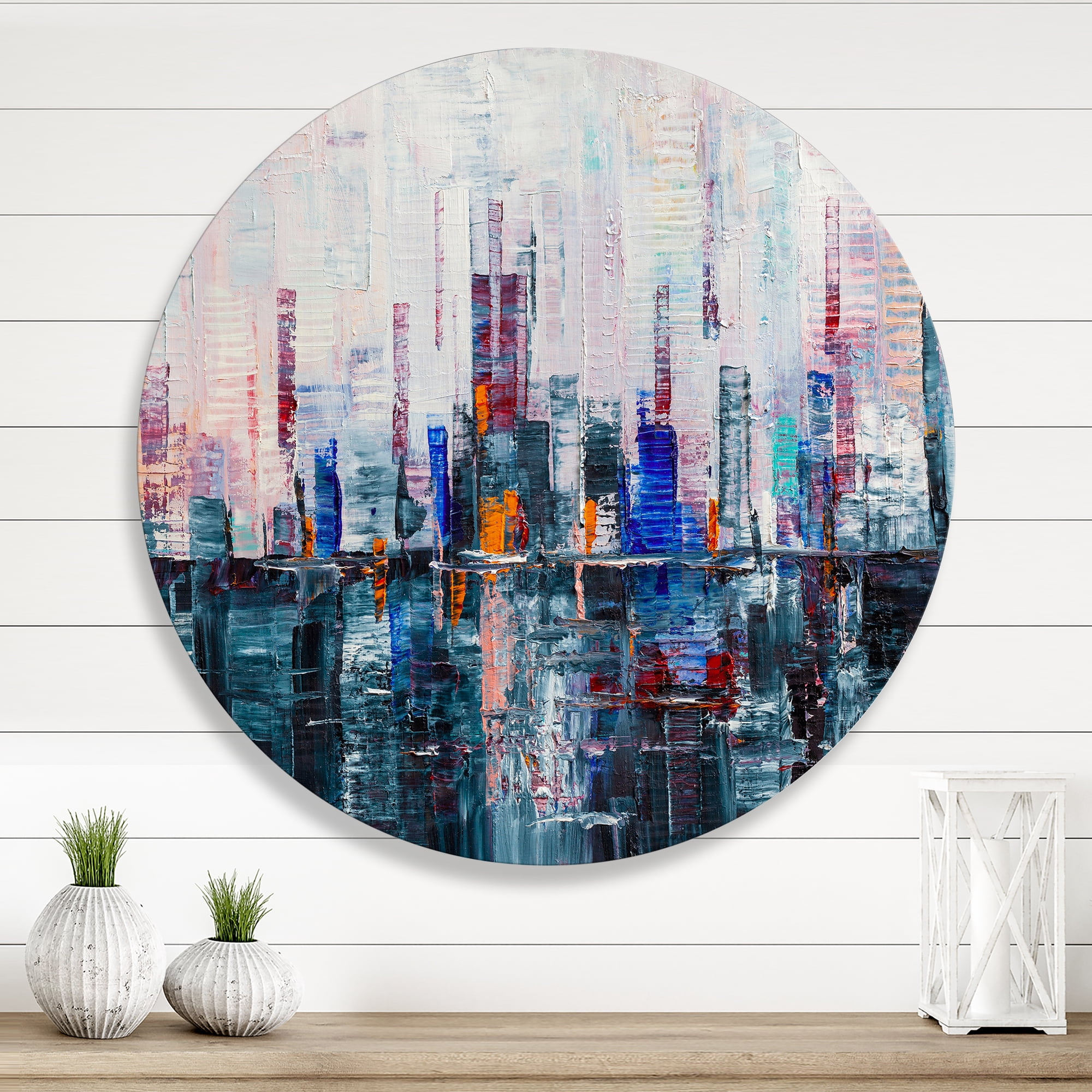 Designart 'Modern Abstract City Skyscrapers' Modern Circle Metal Wall Art 11x11 - Disc of 11