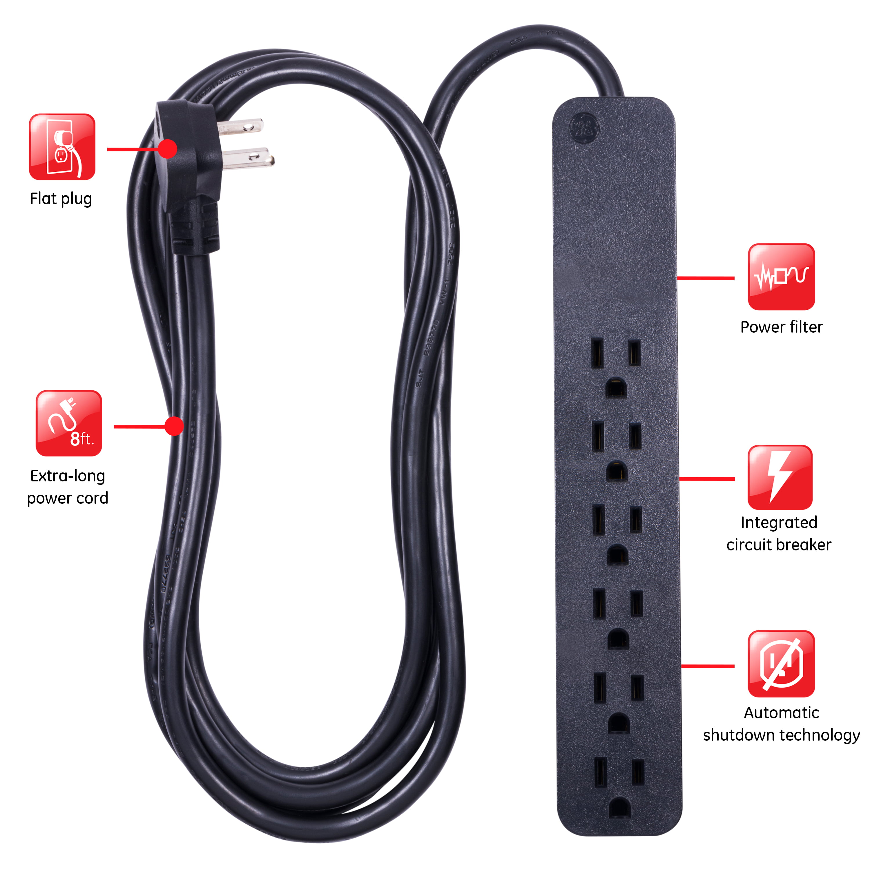 37052 Wall Mount Black Flat Plug 8ft Extra Long Power Cord 6 Outlets GE Power Strip Surge Protector 