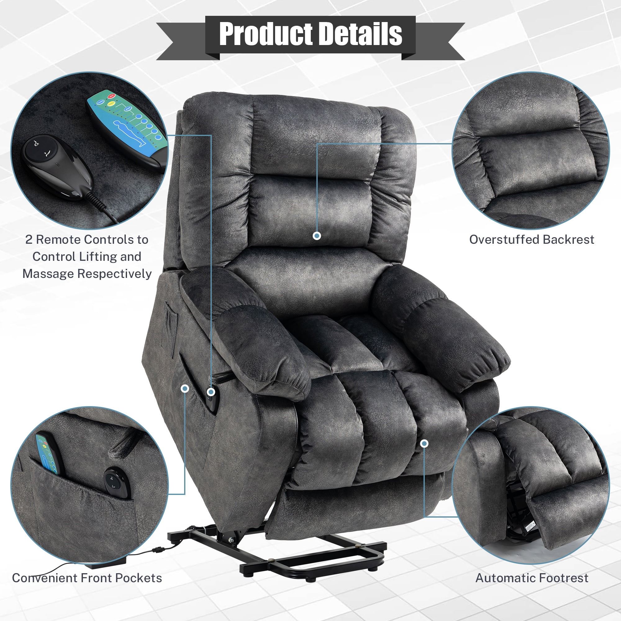 Power Lift Recliner Chair with Heat and Vibration Massage, UHOMEPRO Modern Fabric Elderly Electric Reclining Sofa with Remote Control and Side Pockets for Living Room Home Theater, Gray