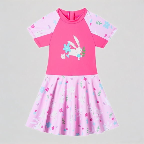 REDARER Toddler Girls' 1-Piece Swim Dress – Bunny Print Short-Sleeve Rash Guard Ruffled Skirt, Cute Beach Bathing Suit,2-3 Years