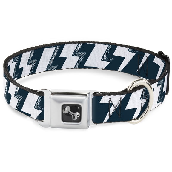 Buckle-Down Pet Collar, Dog Collar Metal Seatbelt Buckle, Lightning Bolts Sketch Navy White, 15 to 24 Inches 1.0 Inch Wide