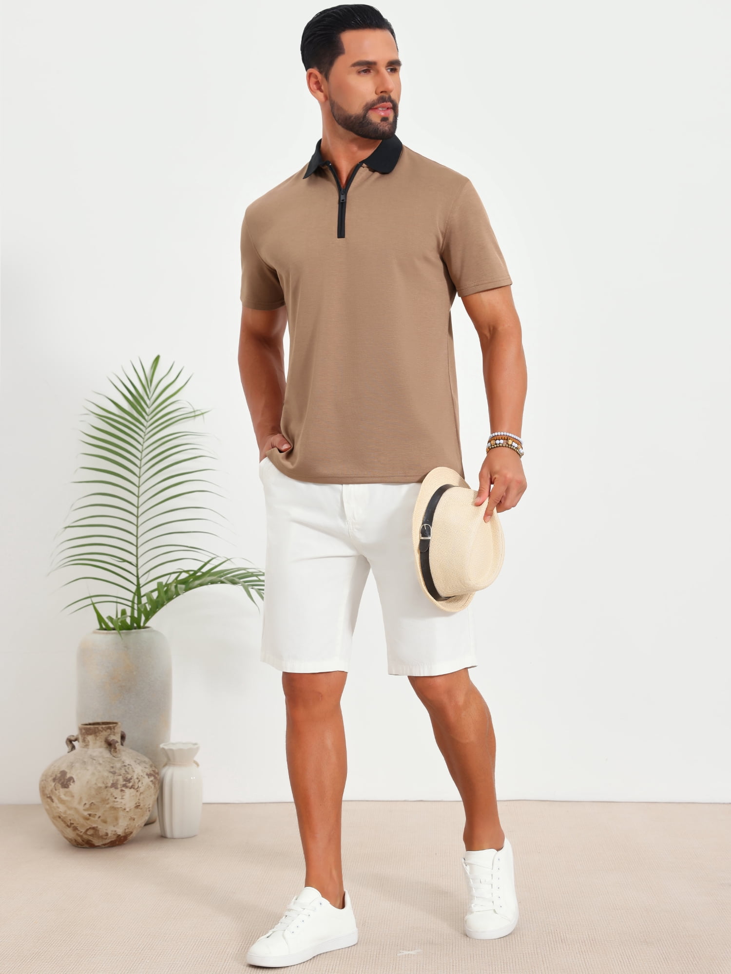 DARING DIVA Men's Zipper Closure Colorblock Short Sleeve Basic Polo Shirt 2XL Khaki
