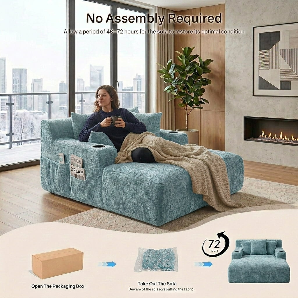 MOONMISS Chenille Chaise Lounge Chair Indoor, Single Sleeper Sofa Chair with Pillows & Cup Holders, Comfy Compression Sofa Bed for Living Room, Bedroom