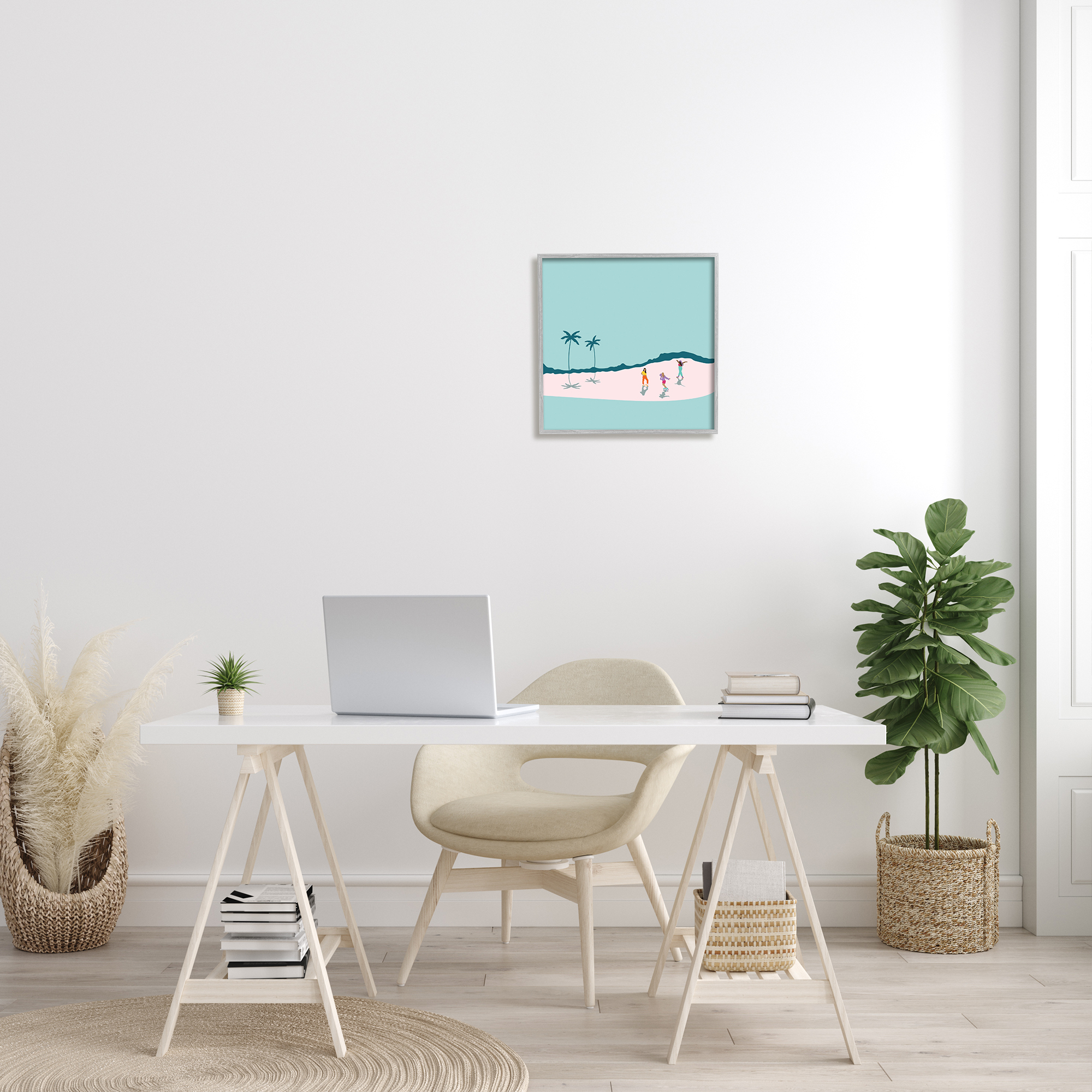 Roller Derby Girls Minimal Tropical Coast Landscape Coastal Framed Art Print Wall Art, 17x17
