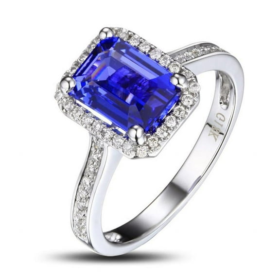 Antique 7x5mm Emerald Cut 1.75 Carat Blue Sapphire And Moissanite Diamond Halo Engagement Ring in 10k White Gold