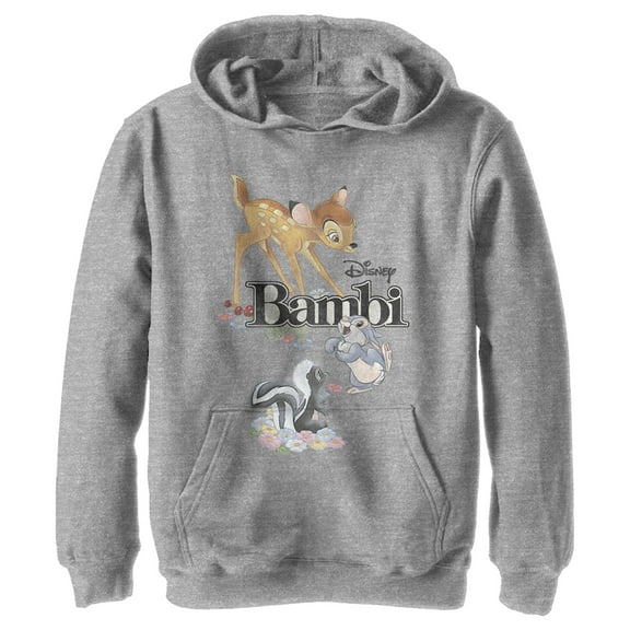 Boy's Bambi Movie Logo With Flower and Thumper Pull Over Hoodie Athletic Heather Large