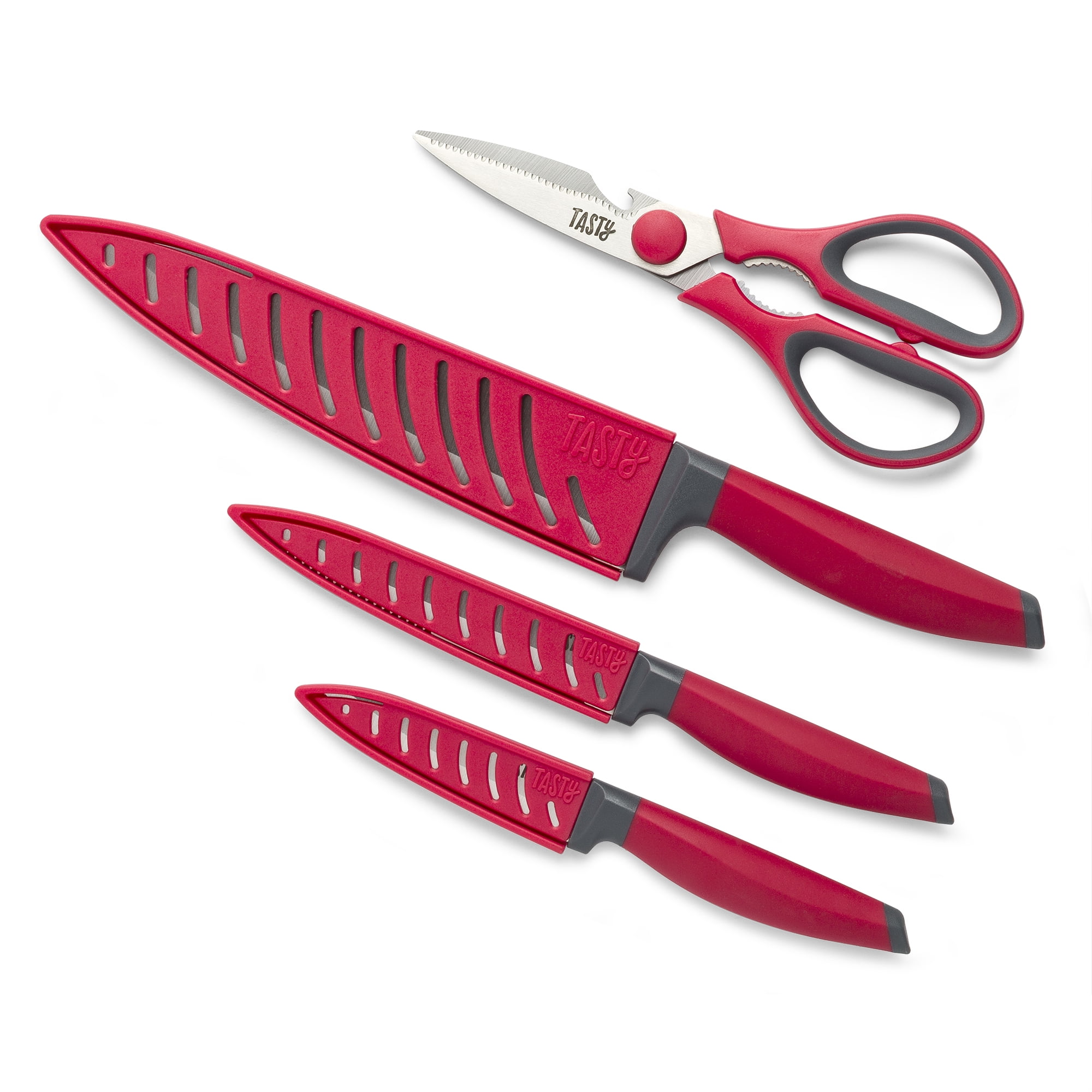 Maarten Kitchen Knives Set - 4 Piece Stainless Steel Chef Knife Set with Sheath - Boxed Knife Sets Gifts for Family (Red)