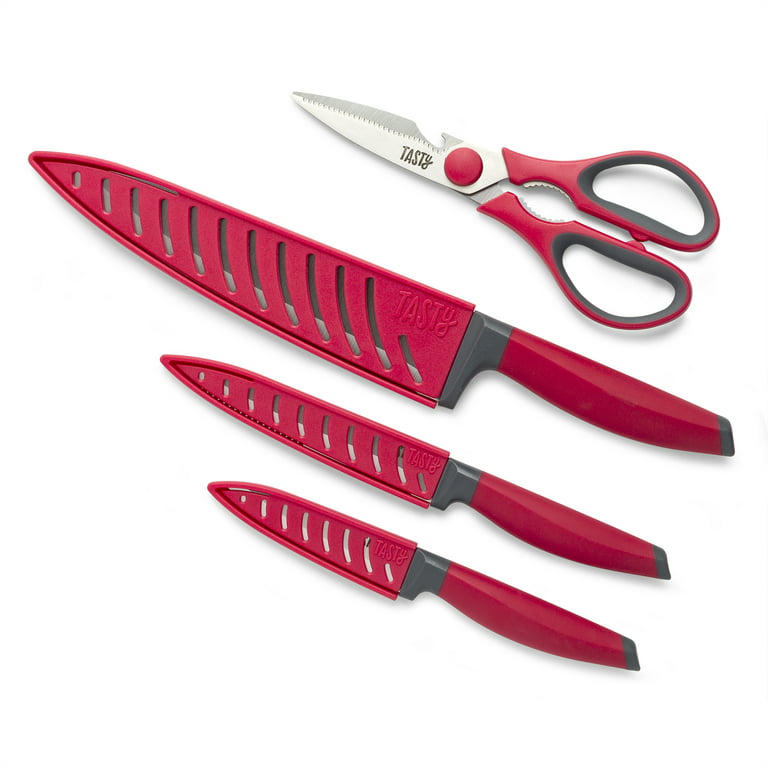 Tasty Stainless Steel Red Knife Set with Shears, 4 Piece 