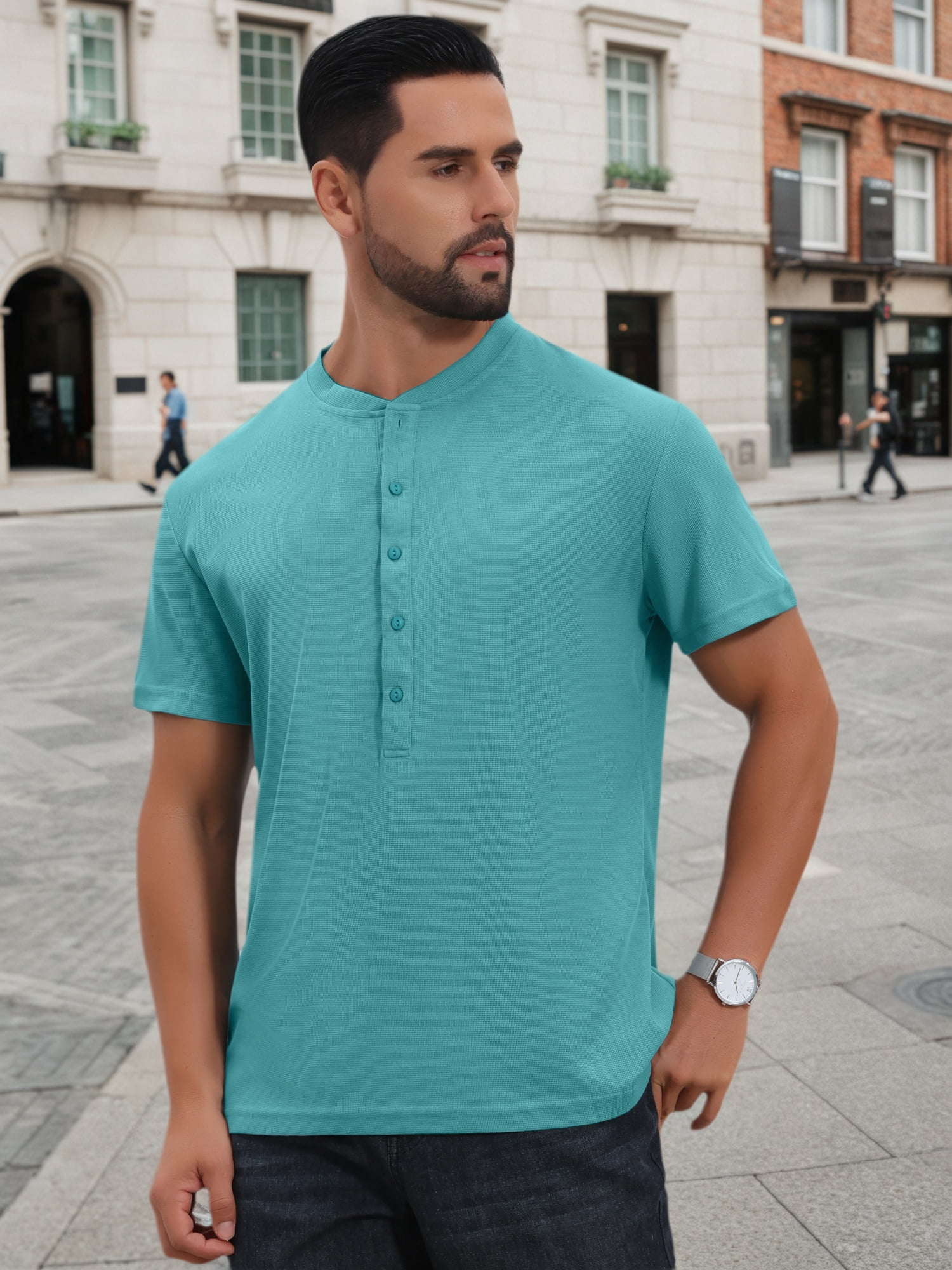 DARING DIVA Men's Henley Breathable Short Sleeve Button Down T-Shirt L Light Blue