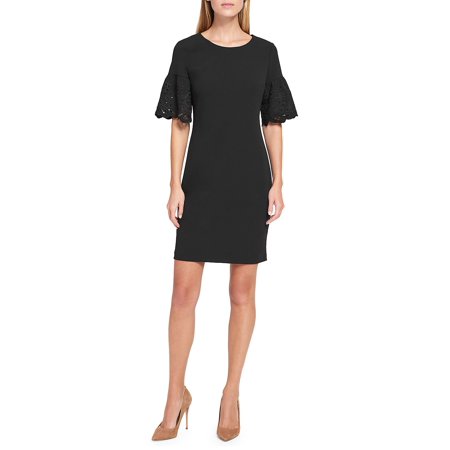 Best Embroidered Bell-Sleeve Scuba Crepe Sheath Dress deal