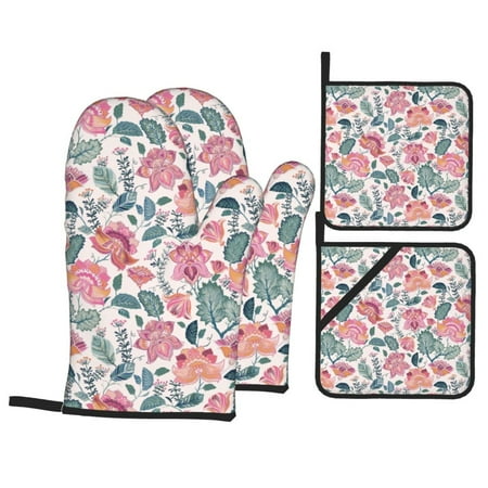 

Oven Mitts and Pot Holders Sets 4 pcs flower leaves Non-Slip Oven Gloves Potholders Soft Quilted Lining Heat Resistant Gloves Hot Pads for Kitchen Cooking Baking
