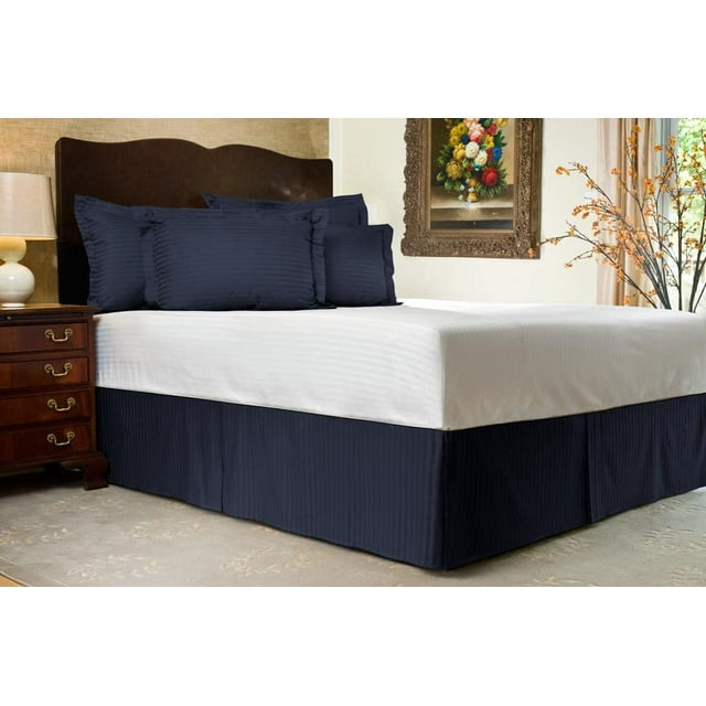 Navy Blue Bed Skirt Twin XL 18 inch Drop, Tailored/Pleated Striped Dust Ruffle with Split
