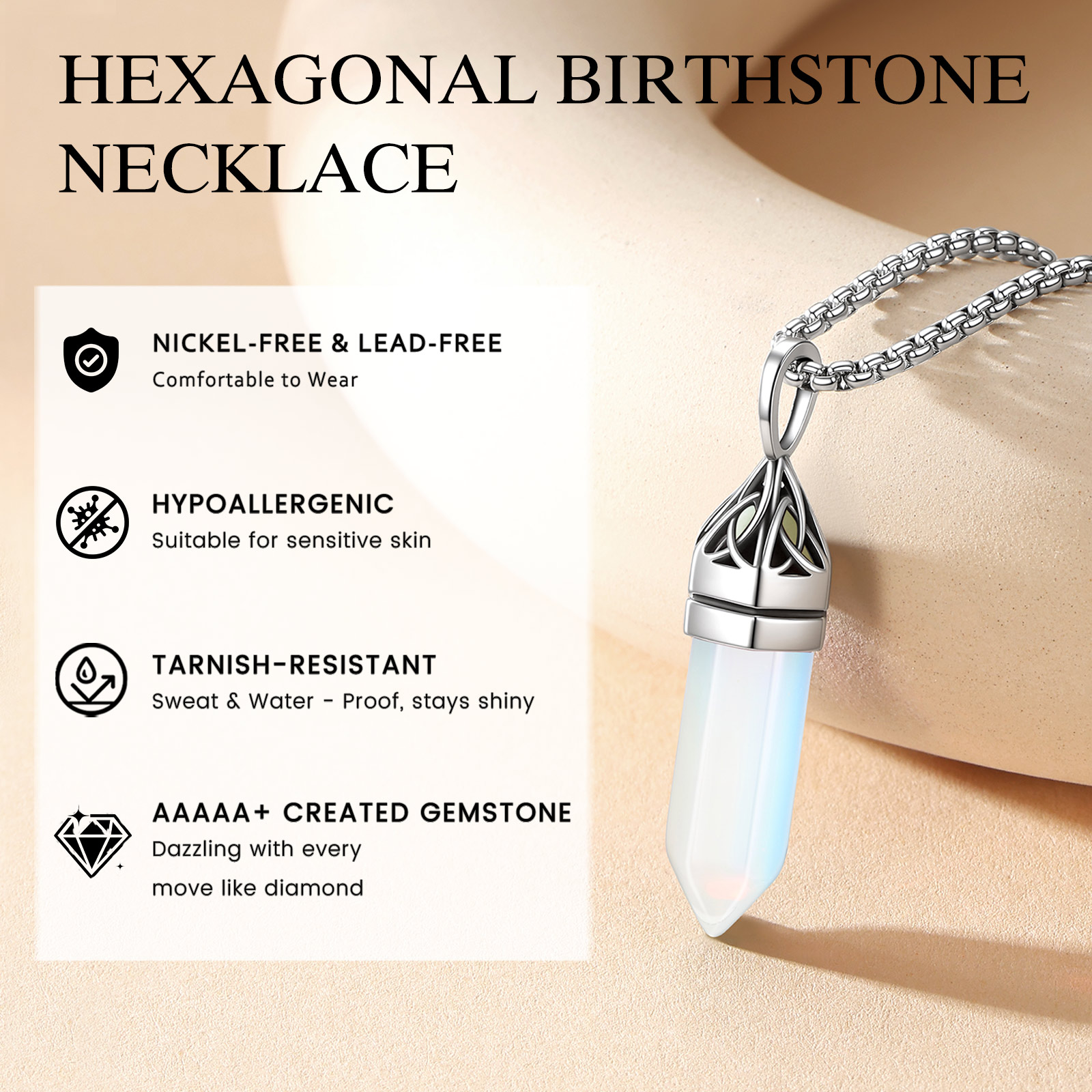 Bestyle Synthetic Moonstone Hexagonal Birthstone Necklace photo 2