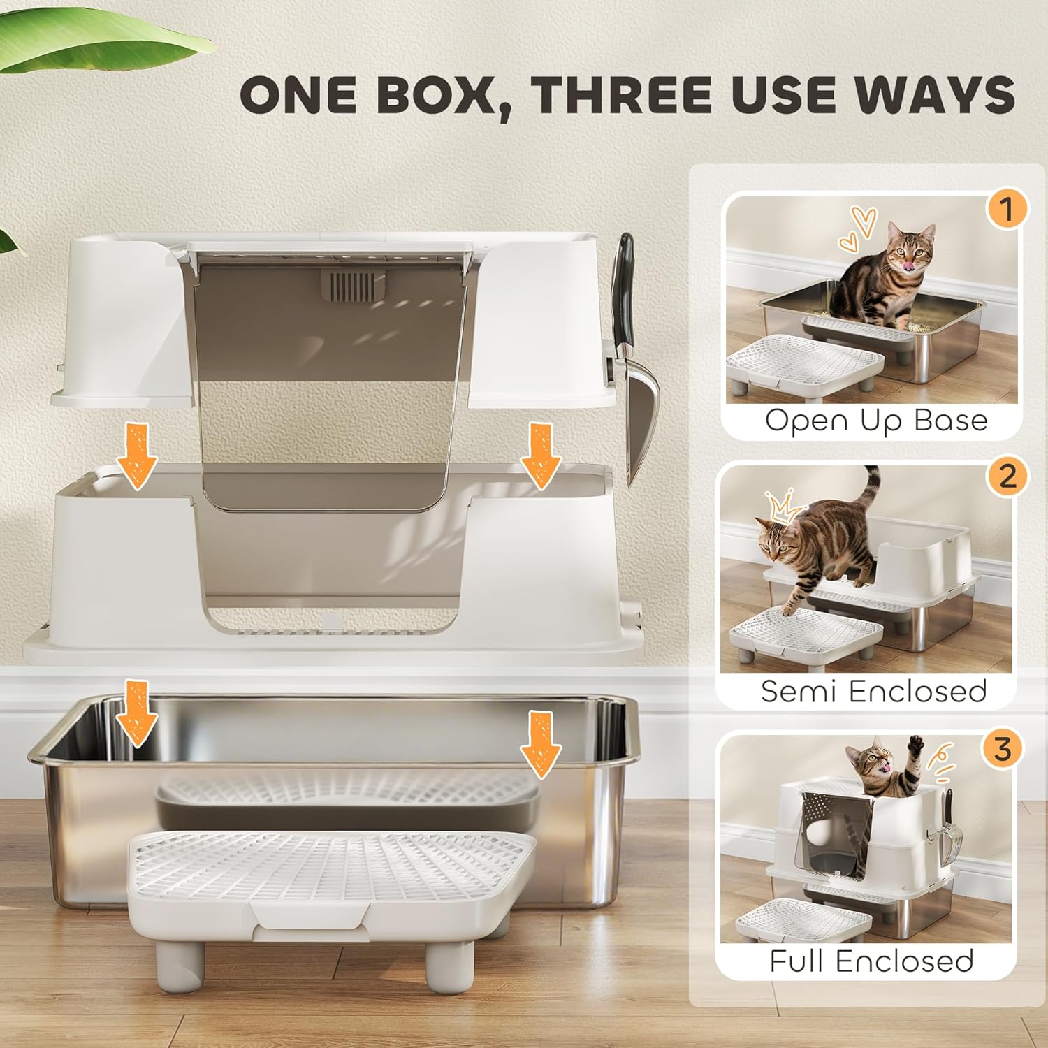 XL Stainless Steel Litter Box with Lid, Extra Large Top & Side Entry Enclosed Litter Box for Big Cats with 100° Flip Top, Scoop, Step, Odor Free, Easy Cleaning, Non-Sticky, Anti Leakage