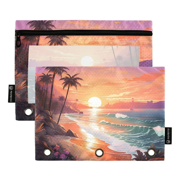 2 Pack Pencil Pouch for 3 Ring Binder Zipper Pencil Case Beach with Sunset Clear Window Pencil Bag Organizers