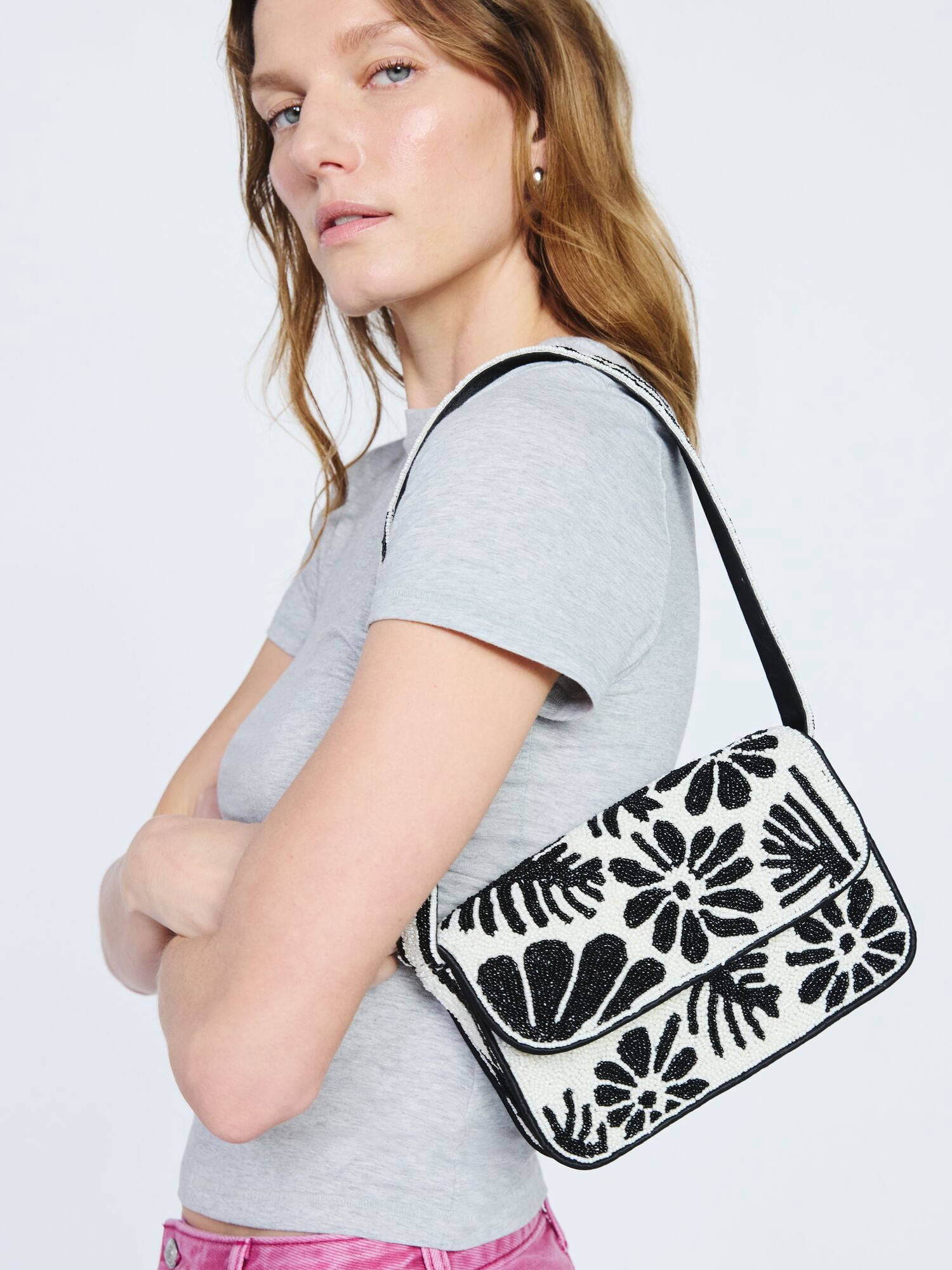 Scoop Women's Beaded Flap Shoulder Bag, Black/White