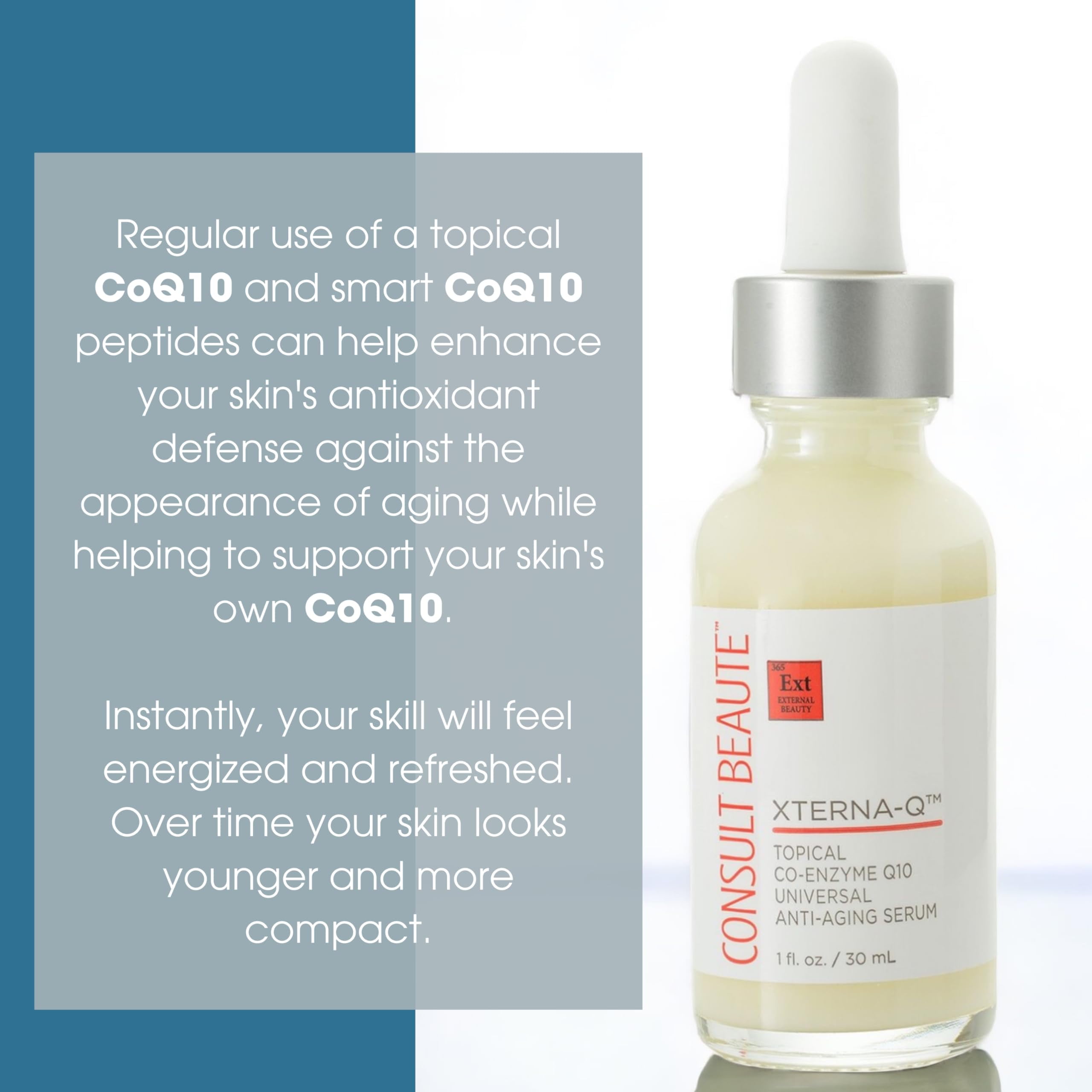 Consult Beaute Xterna-Q Topical CO-Enzyme Q10 Universal Anti-Aging Serum for Face and Neck 1 oz. - CoQ10 Peptides - Bergamot Fruit Oil - Antioxidant Skin Care