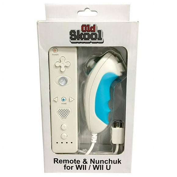 Wii/Wii-U White With Blue Grip Wiimote & Nunchuck Controller Bundle [Old Skool]