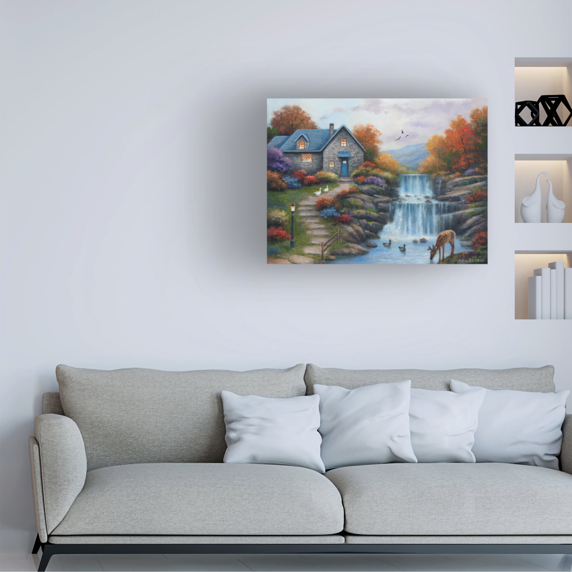 Canvas Wall Art - John Zaccheo 'Cottage by the Falls' Wall Art for Living Room, Bedroom, or Office Décor by Trademark Fine Art - 19 x 14 Inches