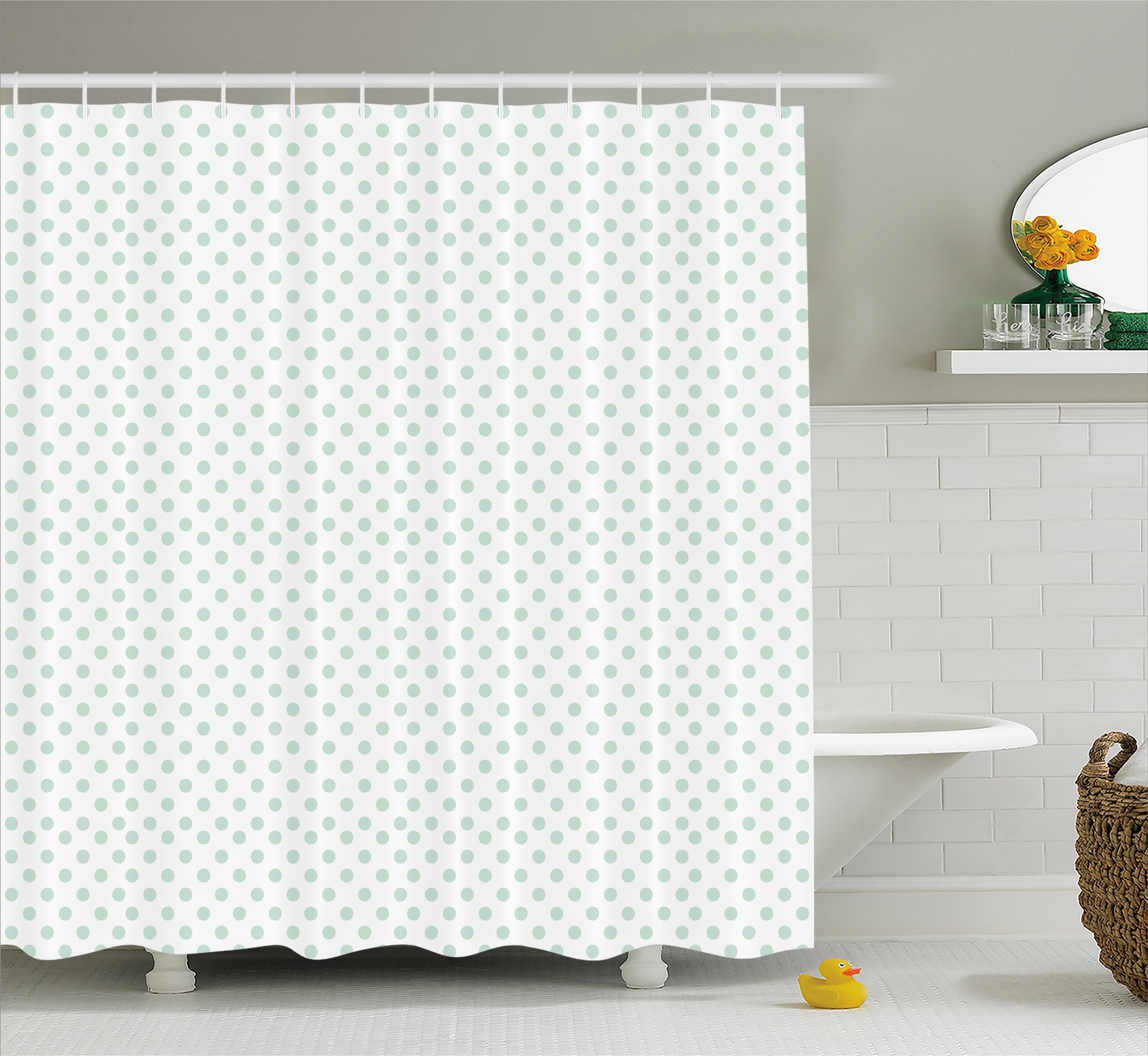 Green Shower Curtain, Retro Pattern with Polka Dots in Pastel Color