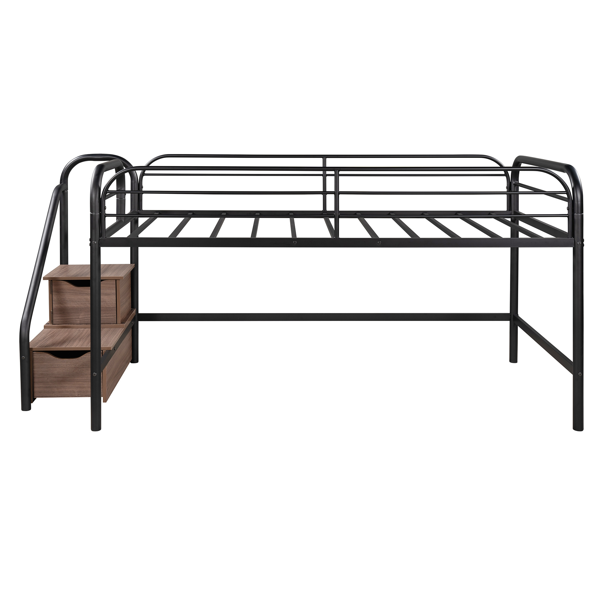 Low Loft Twin Metal Bed with 2 Big Storage Steps, Toddler Kids Modern Metal Bed Frame, Heavy Duty Bed, Multifunction Design Bed Bedroom Furniture, Space-Saving, No Box Spring Needed (Brown)