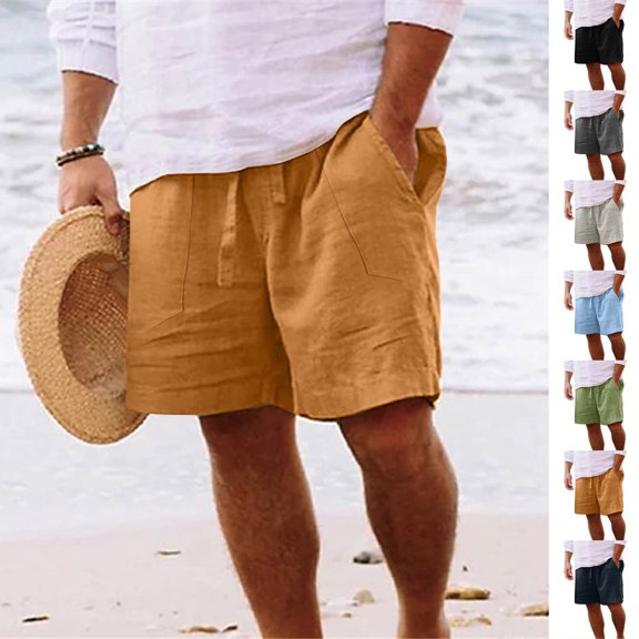 XINXIAOO Mens Linen Shorts for Casual Elastic Waist with Drawstring Summer Beach Shorts with Pockets, Size S-XXL